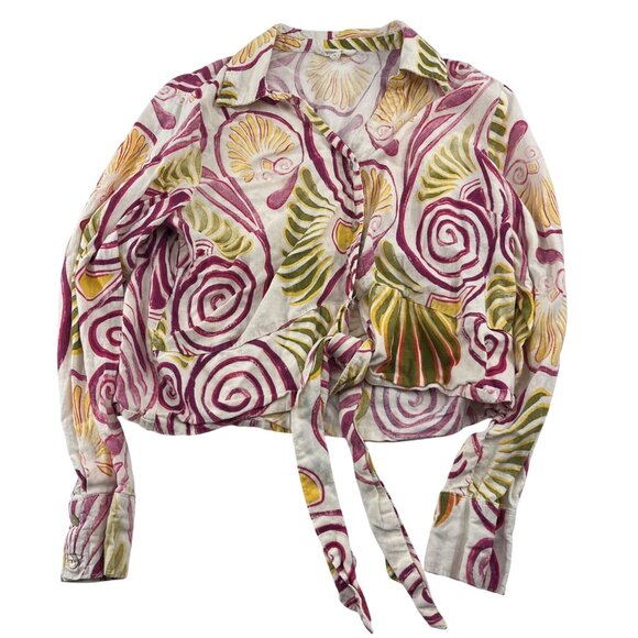 Christian Siriano New York Womens Wrap Top L Linen & Rayon Blend Sea Shell Print - Picture 1 of 5